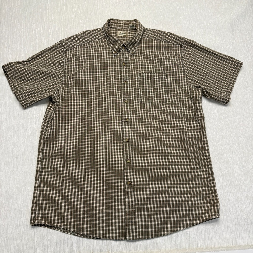 L.L. Bean Button Down Shirt Mens XL Tall Tan Brown Plaid Cotton Short Sleeve